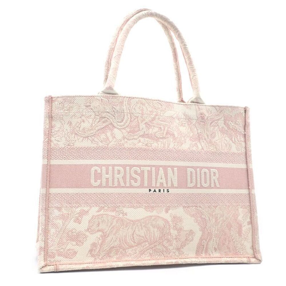 Christian Dior Book Tote Bag Toile De Jouy Leather Pink White